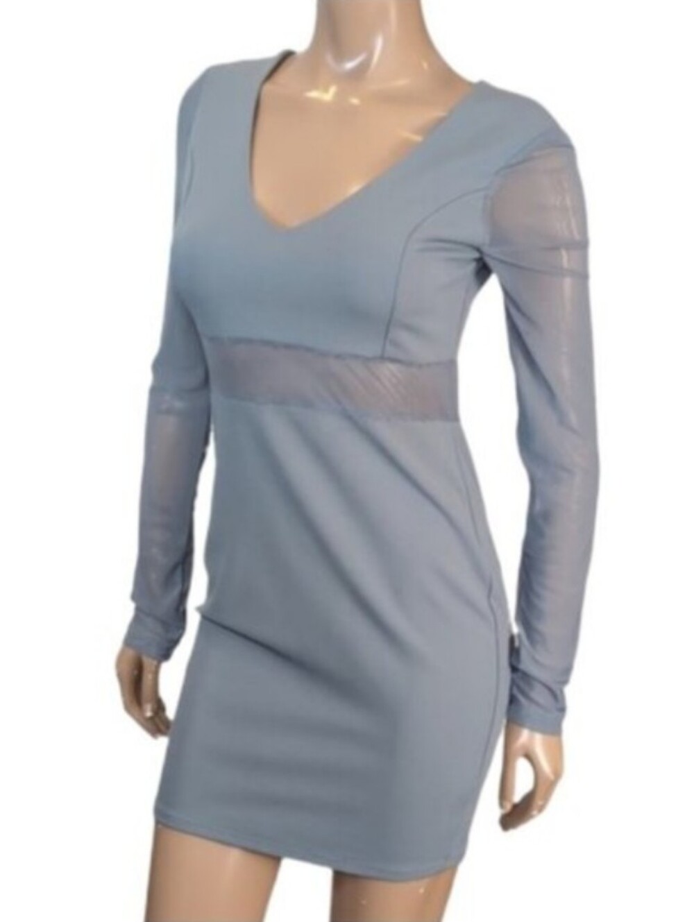 Revamped Blue Grey Mesh Panel Bodycon Mini Dress Long Sleeve Size Small